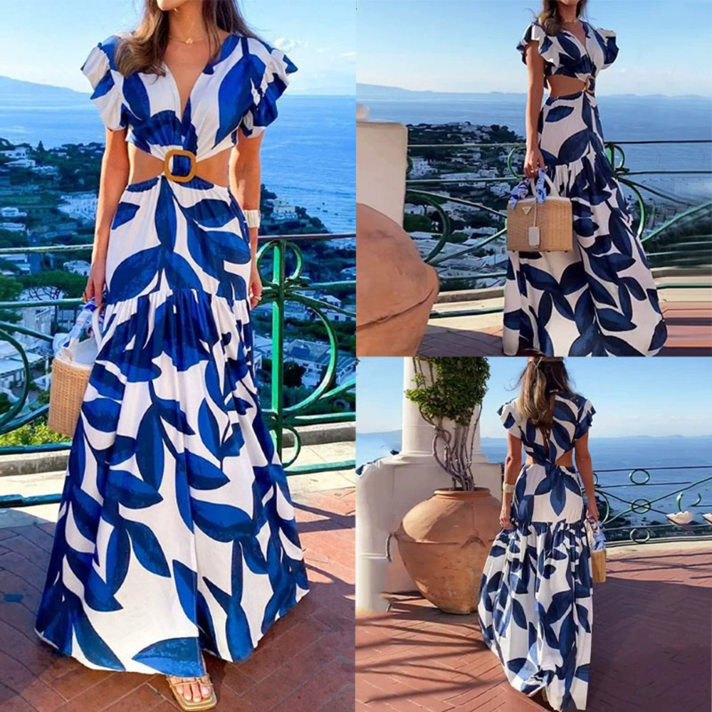 H&M Summer Chic Sexy Elegant Waist Cutout Print Dress